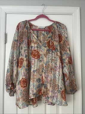 Petal & Pup Cream Floral Blouse with Rust and Blue Accents